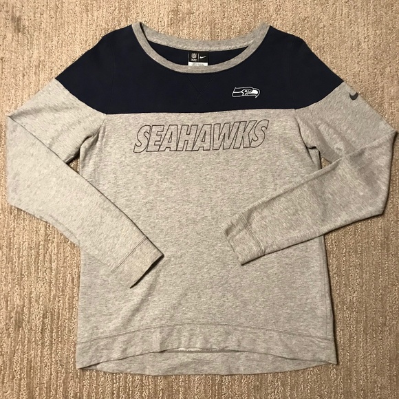 Nike Womens Heather Grey & Navy Chest Seahawks Graphic Logo Long Sleeve - Picture 1 of 7
